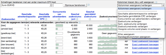 google keyword tool bier kolommen