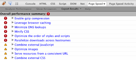 Page Speed resultaat in Firebug venster