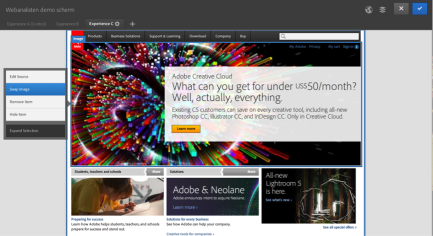 Schermvoorbeeld demo waarin op de homepage van Adobe.com een marketeer zelf de grote visual kan vervangen door een ander in een testvariant.