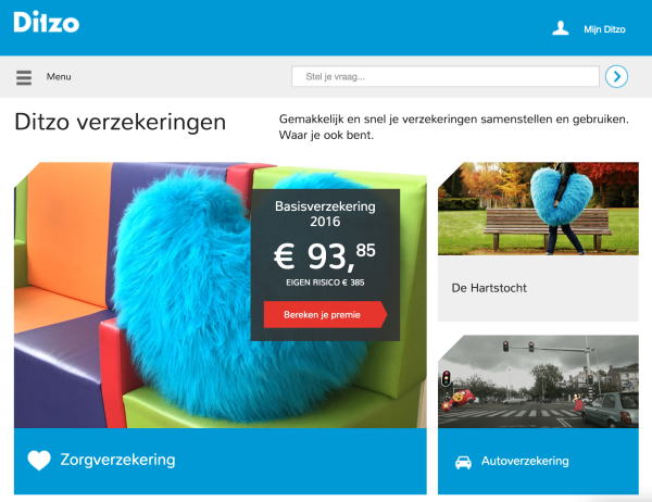 de desktop site van ditzo ziet eruit als een ultra grote mobiel