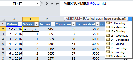 Weeknummer op basis van formule in tabel