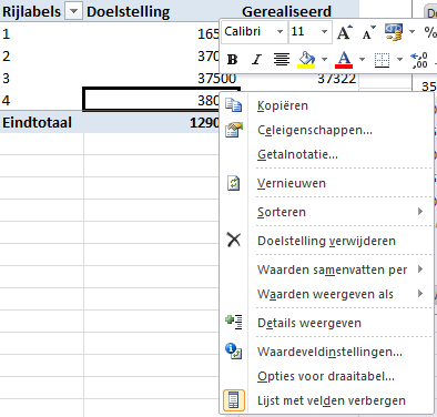 Rechtermuisklik, ga naar Waarden weergeven als en dan naar Voorlopig totaal in